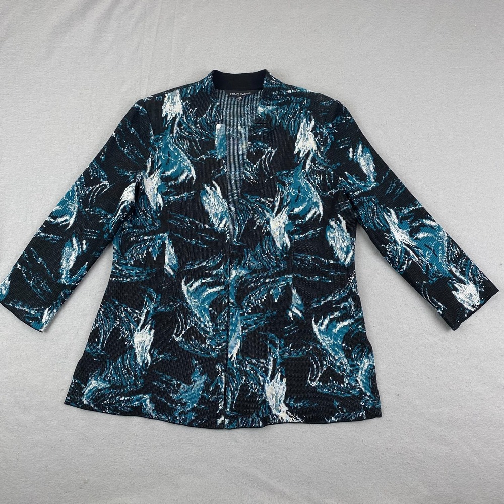 Ming Wang Bracelet Sleeve Jacquard Jacket M abstract blazer knit teal black